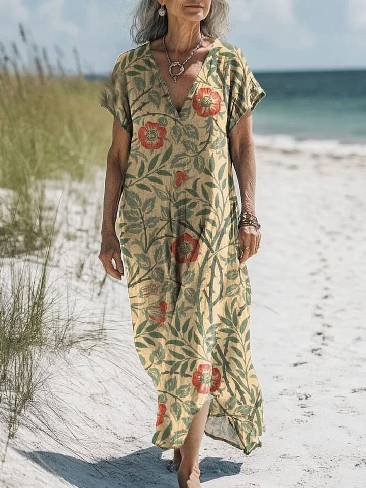 Women's Vintage Lovely Floral Art Print Pocket Cotton Dress