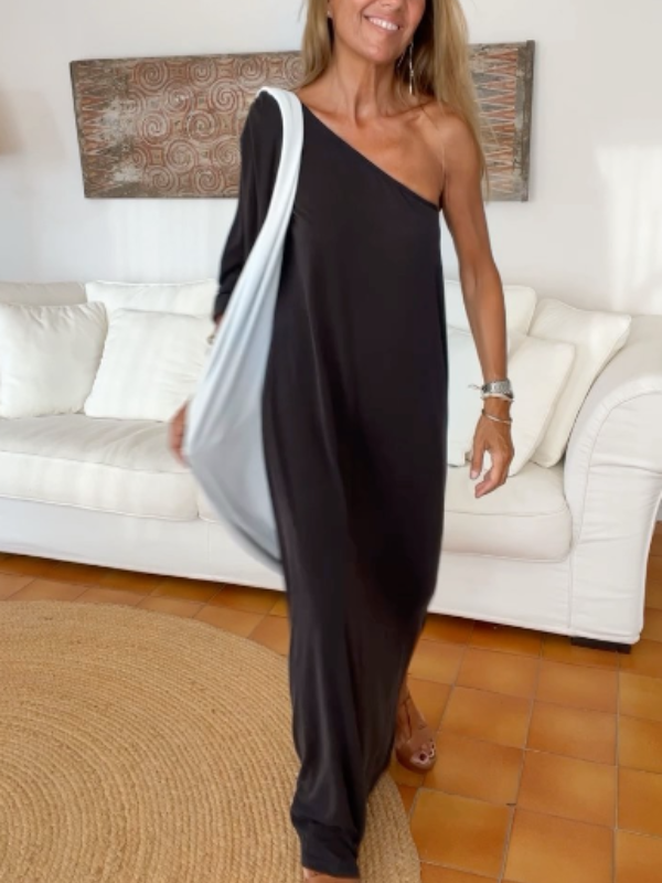 Summer and Autumn Women's Casual Simple Slouchy Strapless Black Maxi Dress-mysite