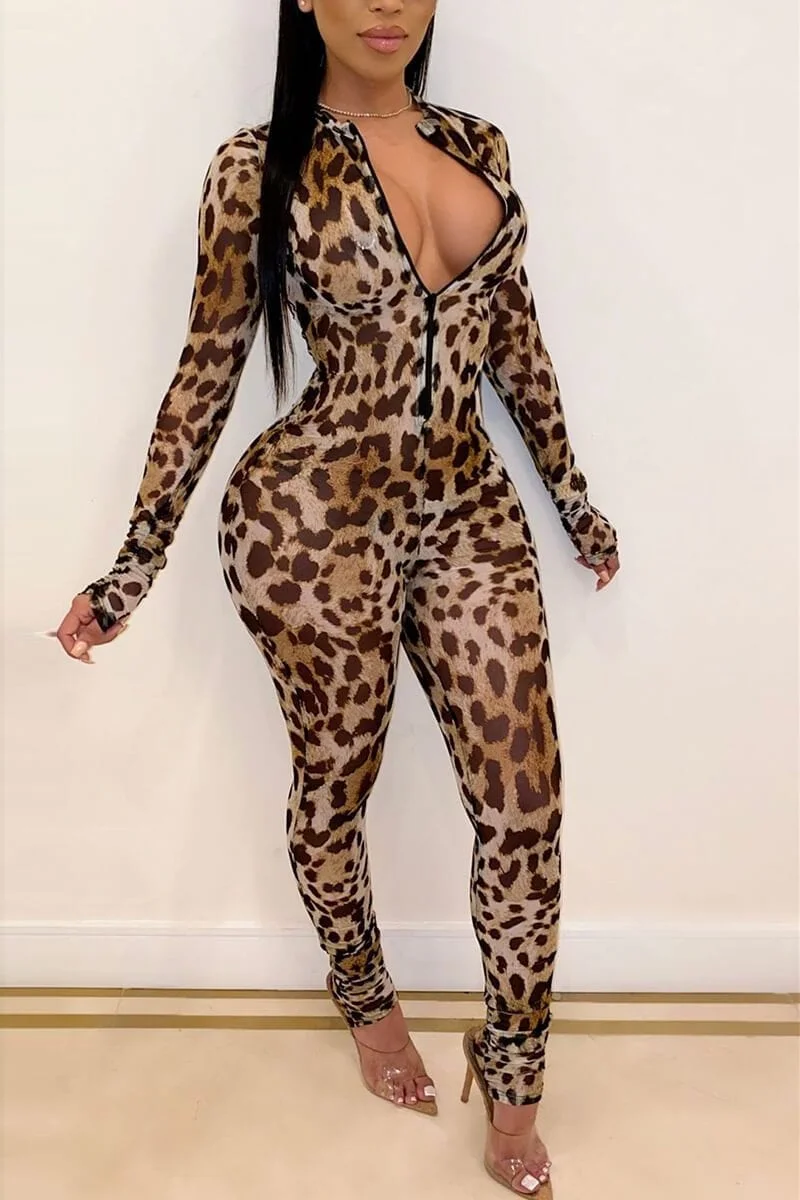 Sexy Zipper Leopard Print Jumpsuit