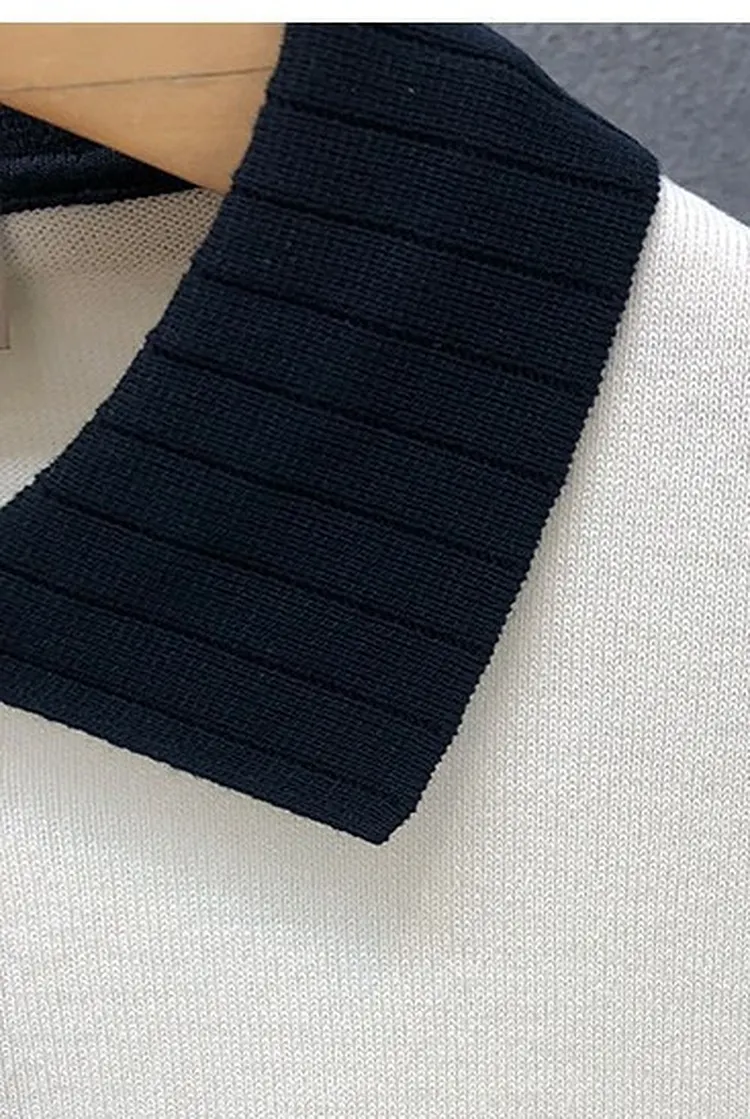 Men's Knitted Polo Shirt with Color Blocking and Collar