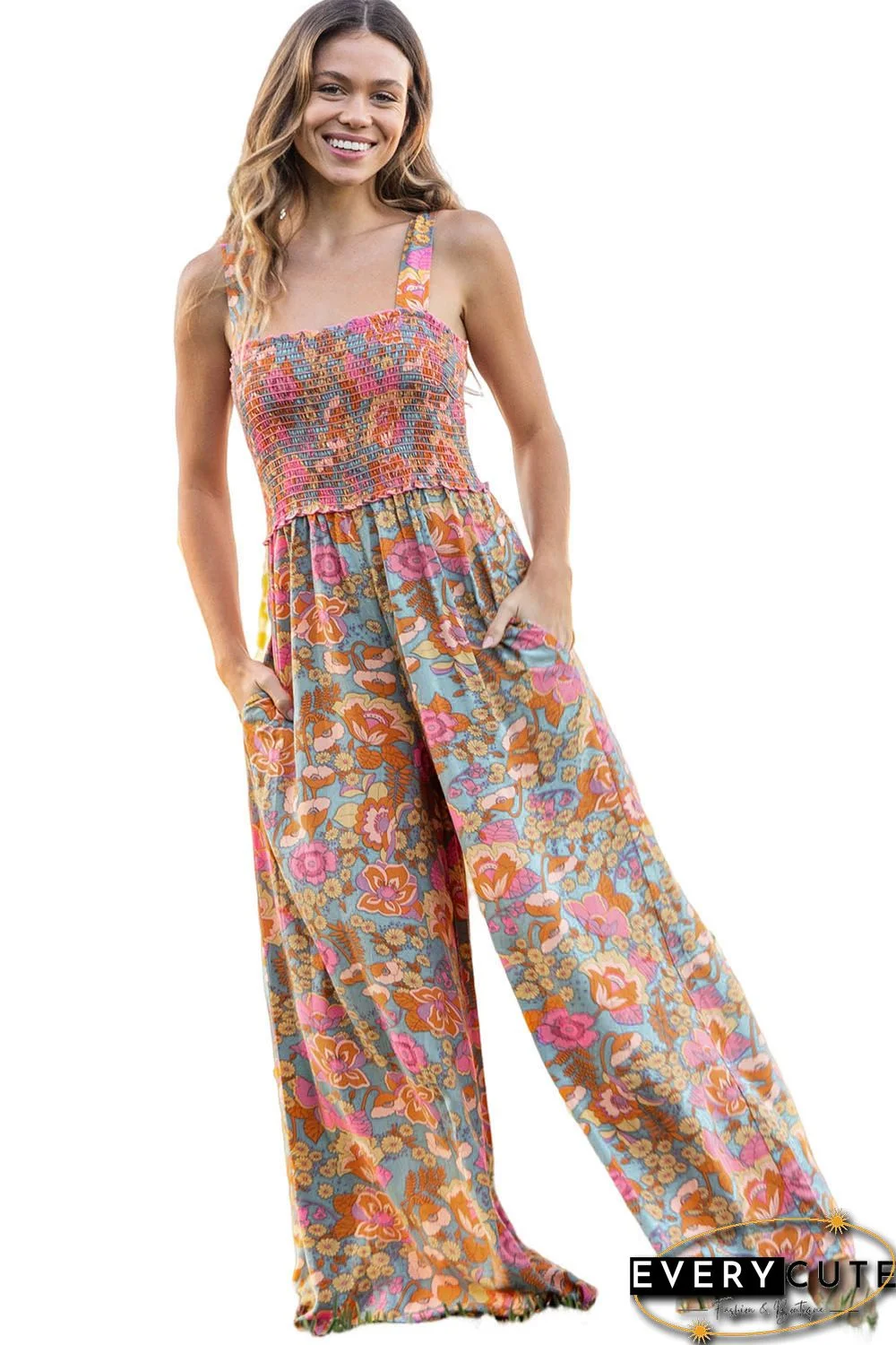 Sky Blue Boho Floral Smocked Sleeveless Wide-Leg Pocket Jumpsuit