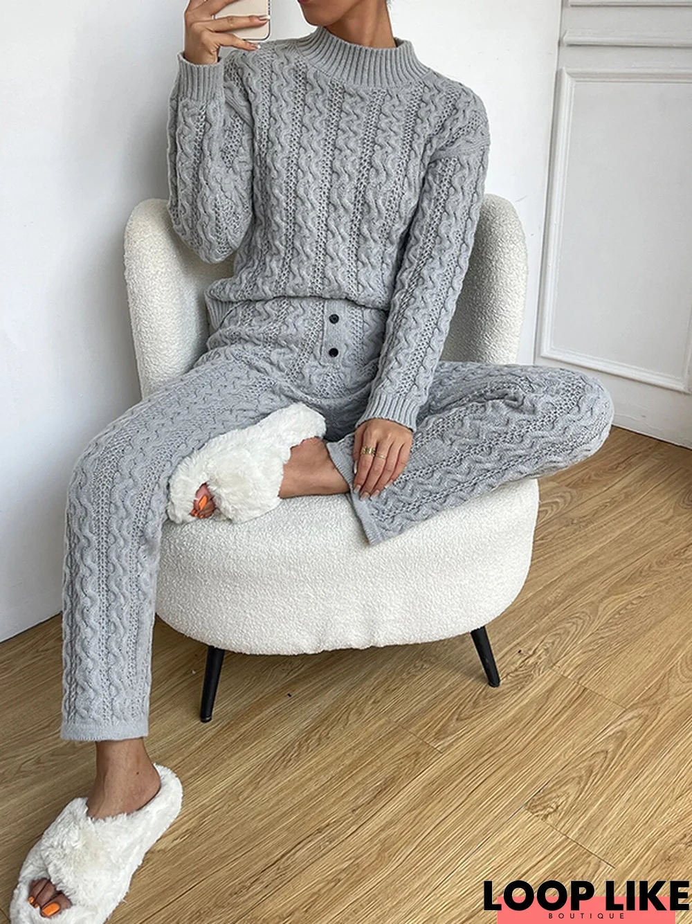 Casual Plain Half Turtleneck Two Piece Set