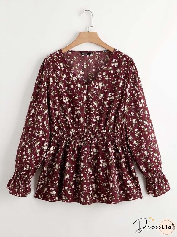 Plus Ditsy Floral Print Shirred Waist Blouse