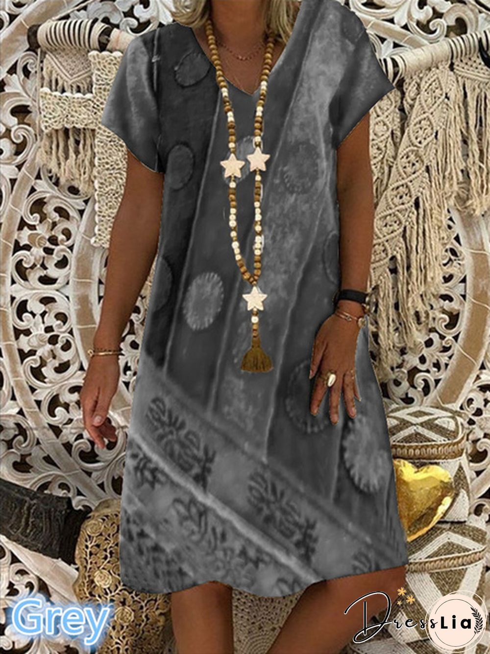 Summer New Fashion Women's Vintage Printed Casual Loose Short Sleeve Dress Soft And Thin Plus Size V-Neck Dress For Summer Xs-5Xl