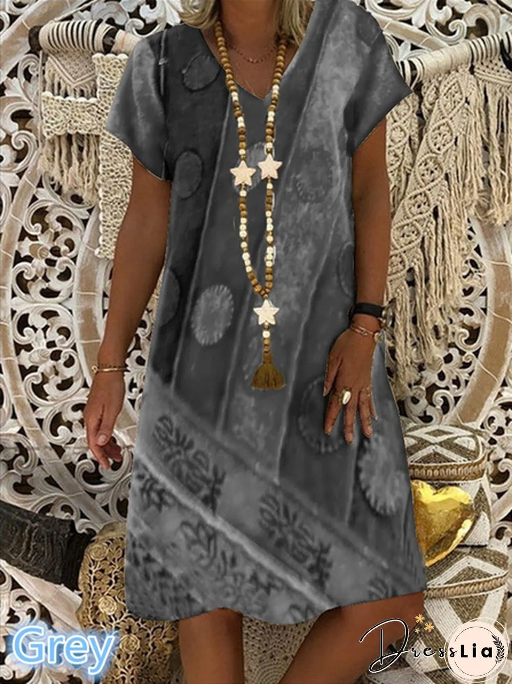 Summer New Fashion Women's Vintage Printed Casual Loose Short Sleeve Dress Soft And Thin Plus Size V-Neck Dress For Summer Xs-5Xl