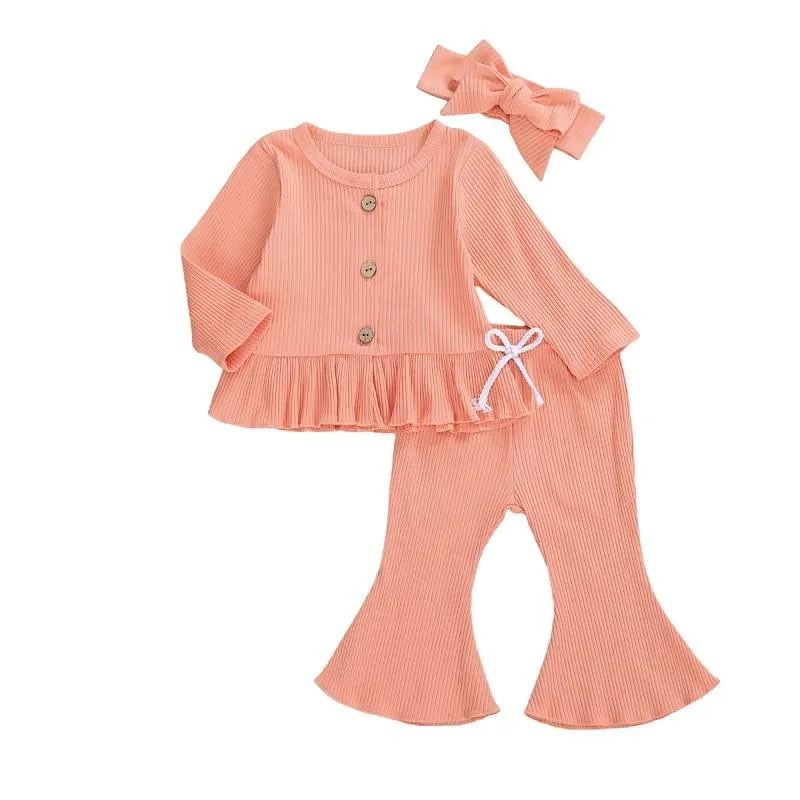 Infant Newborn Baby Toddler Girls 3 Pcs Knit Outfits Long Sleeve Buttons Round Neck Ruffle Top + Long Flared Pant + Headband