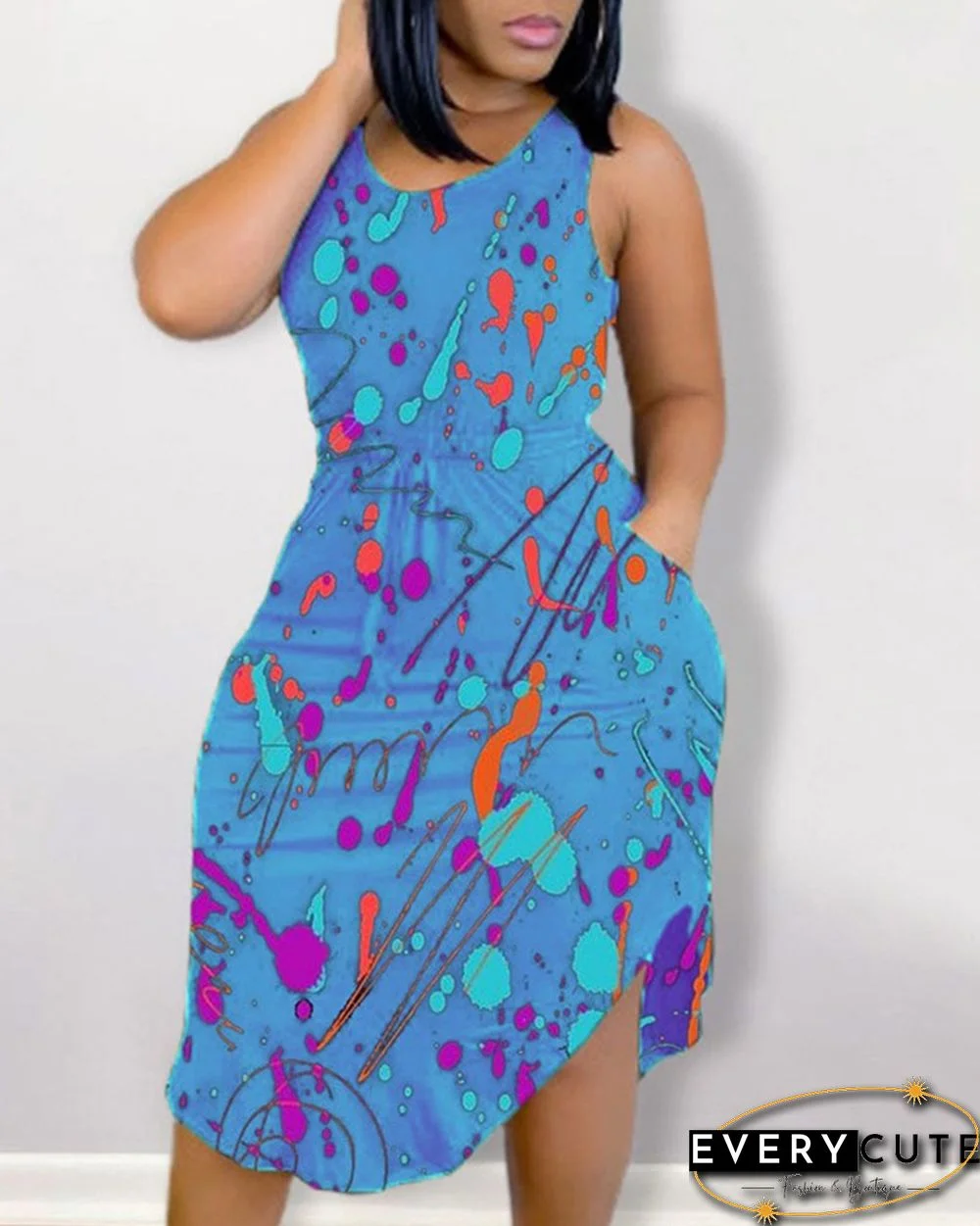 Ink Splash Print Strap Sleeveless Slim Midi Dress