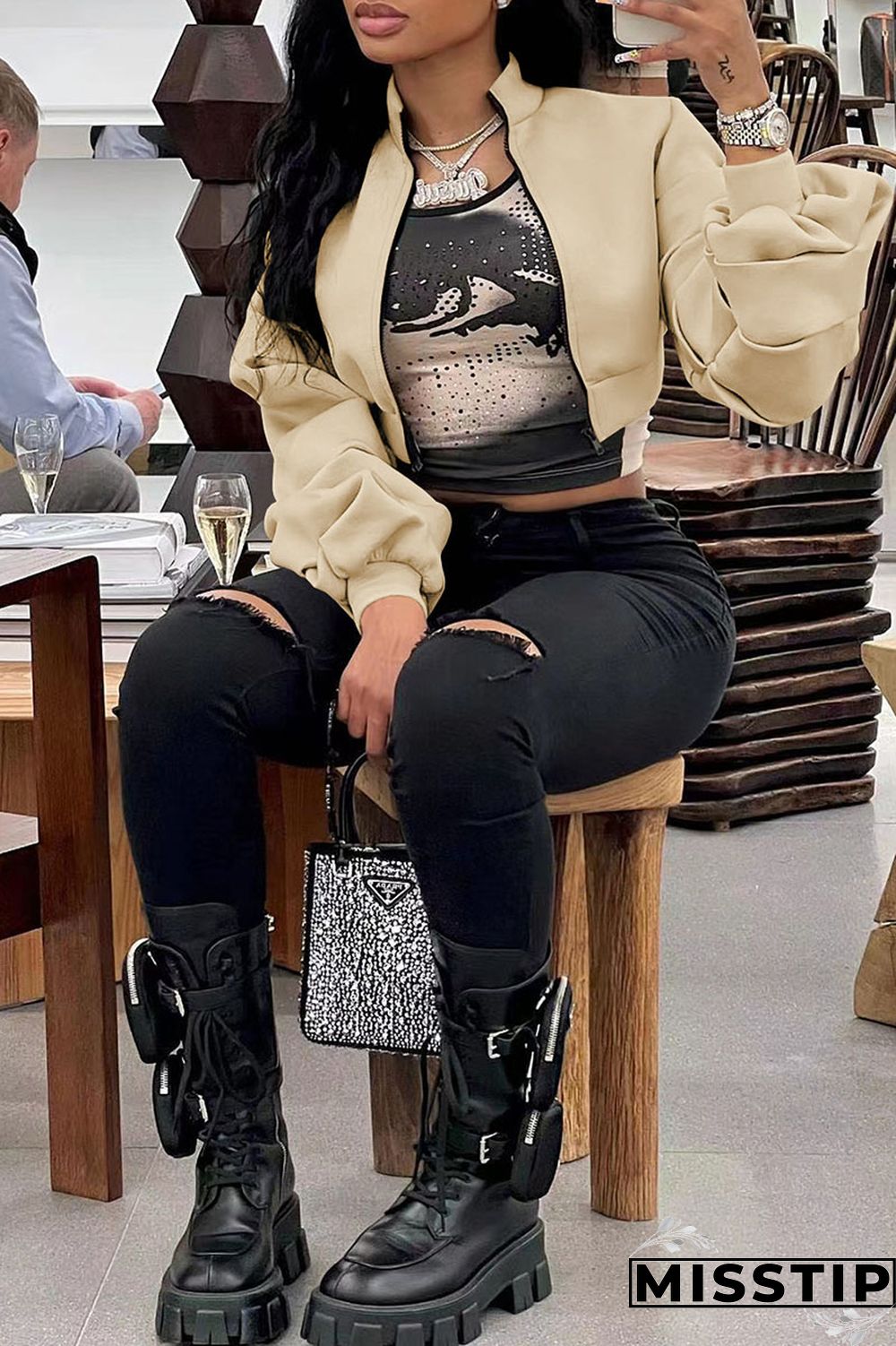 Black Casual Solid Patchwork Fold Zipper Collar Outerwear