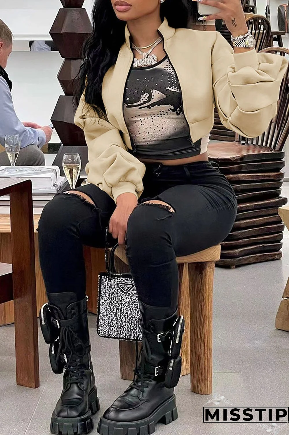 Black Casual Solid Patchwork Fold Zipper Collar Outerwear