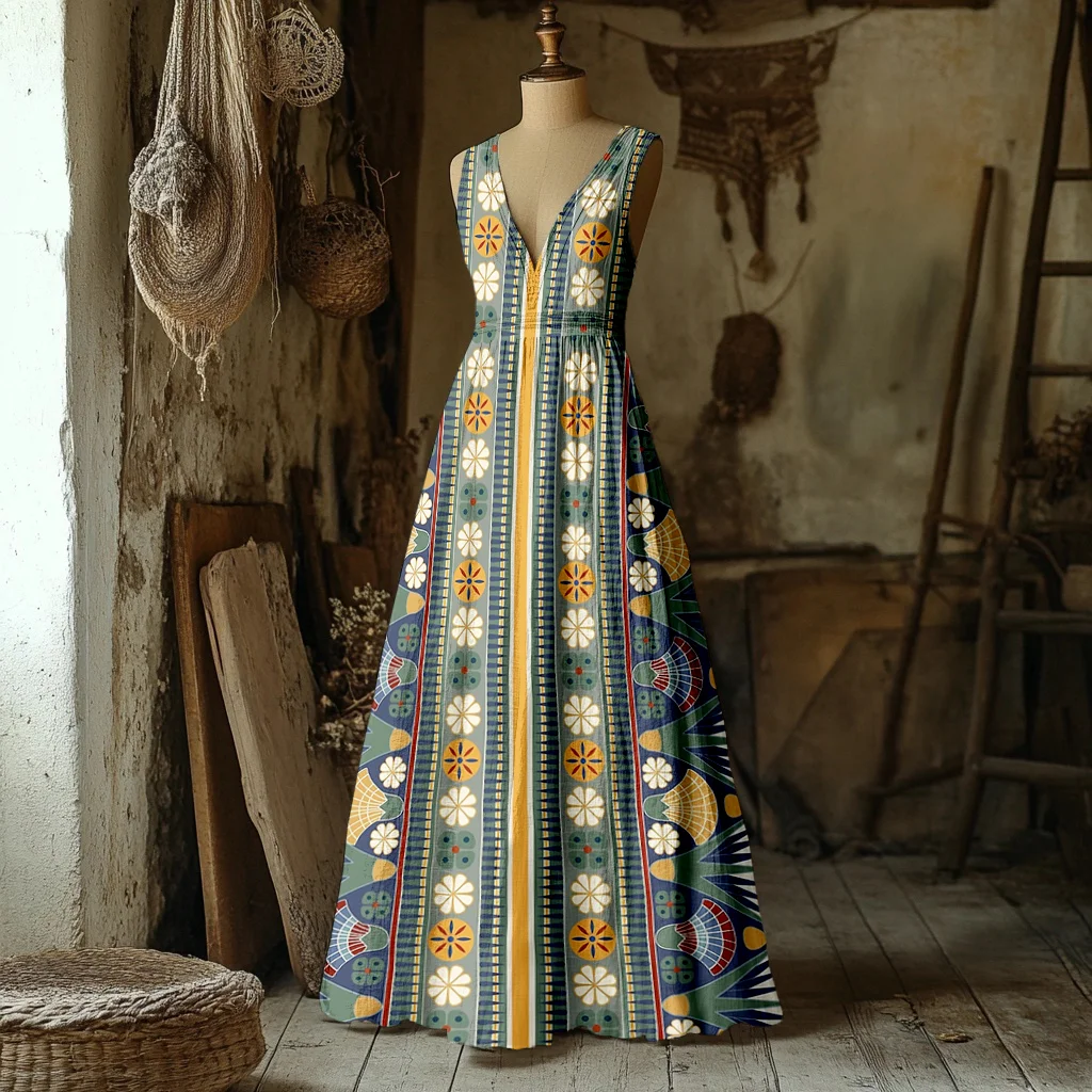 Classic Ancient Egyptian Lotus Pattern Linen Maxi Dress