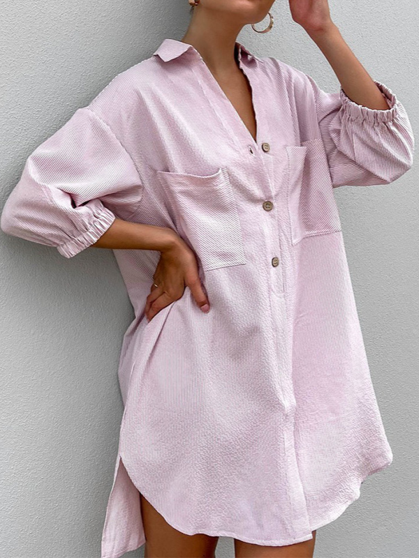 Women's Shirt Lapel Three-quarter Sleeve Mid-Length Striped Shirt Loose Holiday Shirt