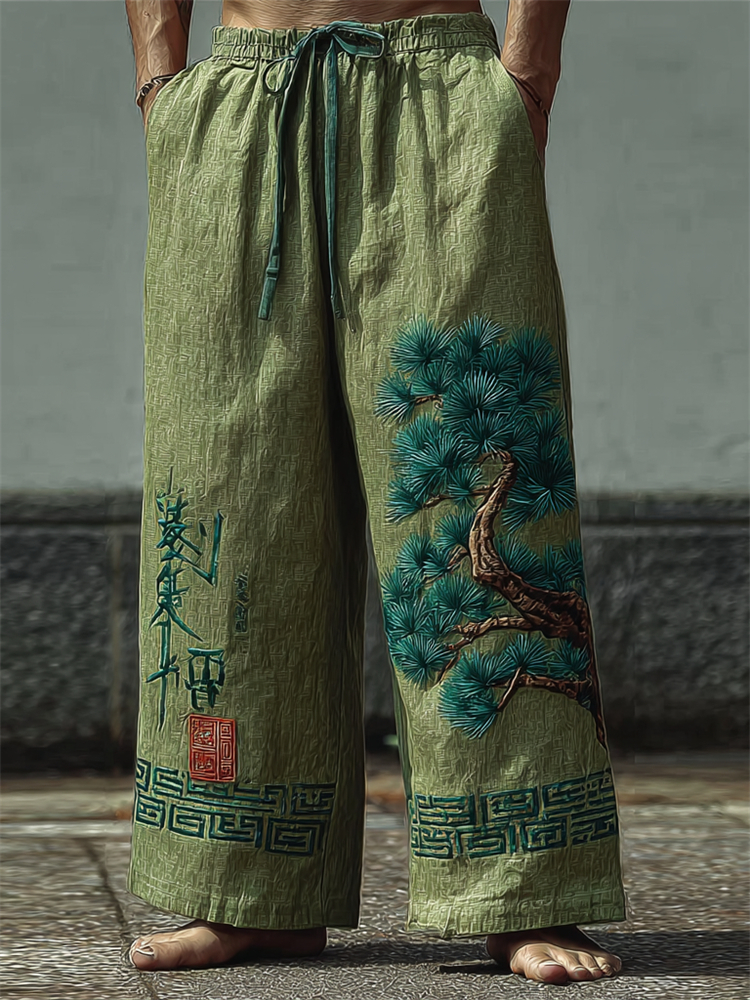 Men's Japanese Pine Trees Calligraphy Art Linen Pants  artssus