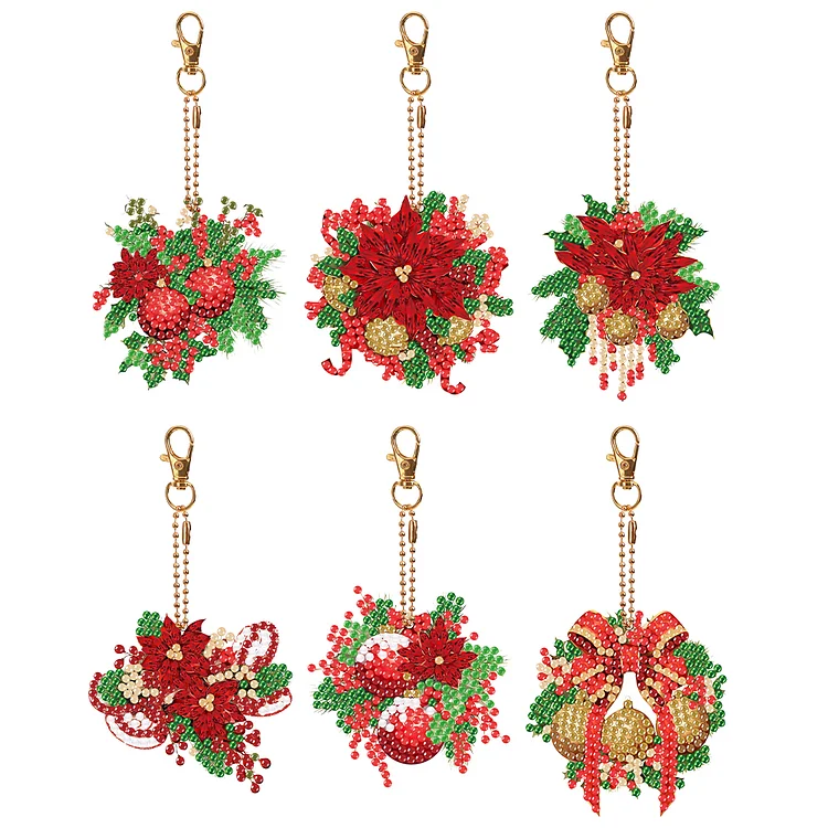 6PCS Double Sided Diamond Art Keyring Christmas Wreath Diamond Painting Keychain