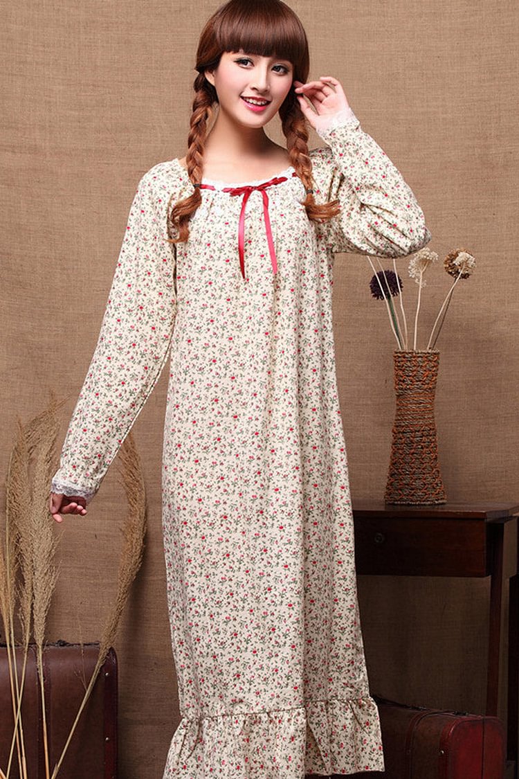 Women's Long-Sleeved Cotton Floral Loose Pastoral Princess Nightdress Pajamas Cottagecore Nightgown