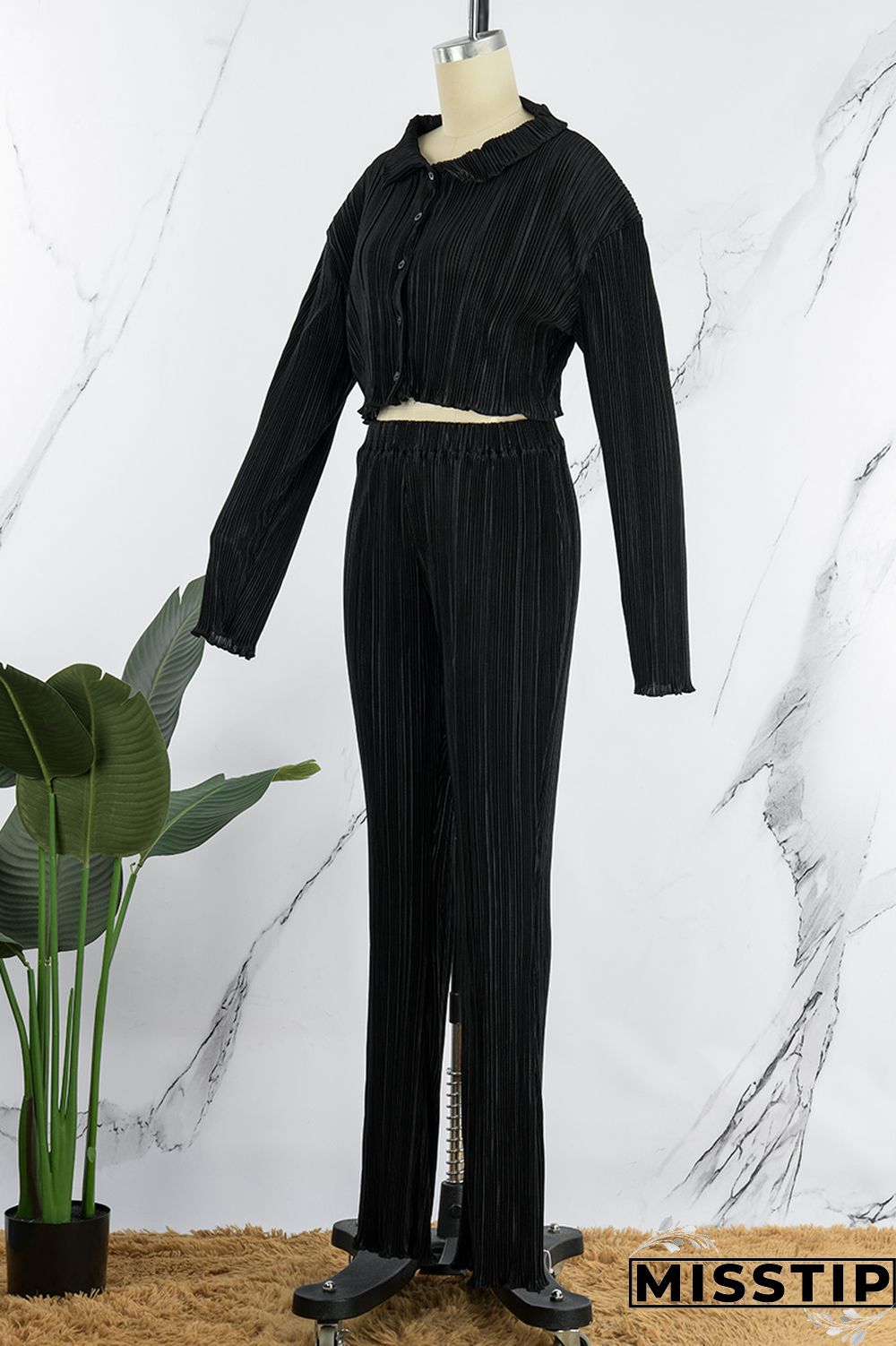 Black Casual Solid Patchwork Turndown Collar Long Sleeve Two Pieces
