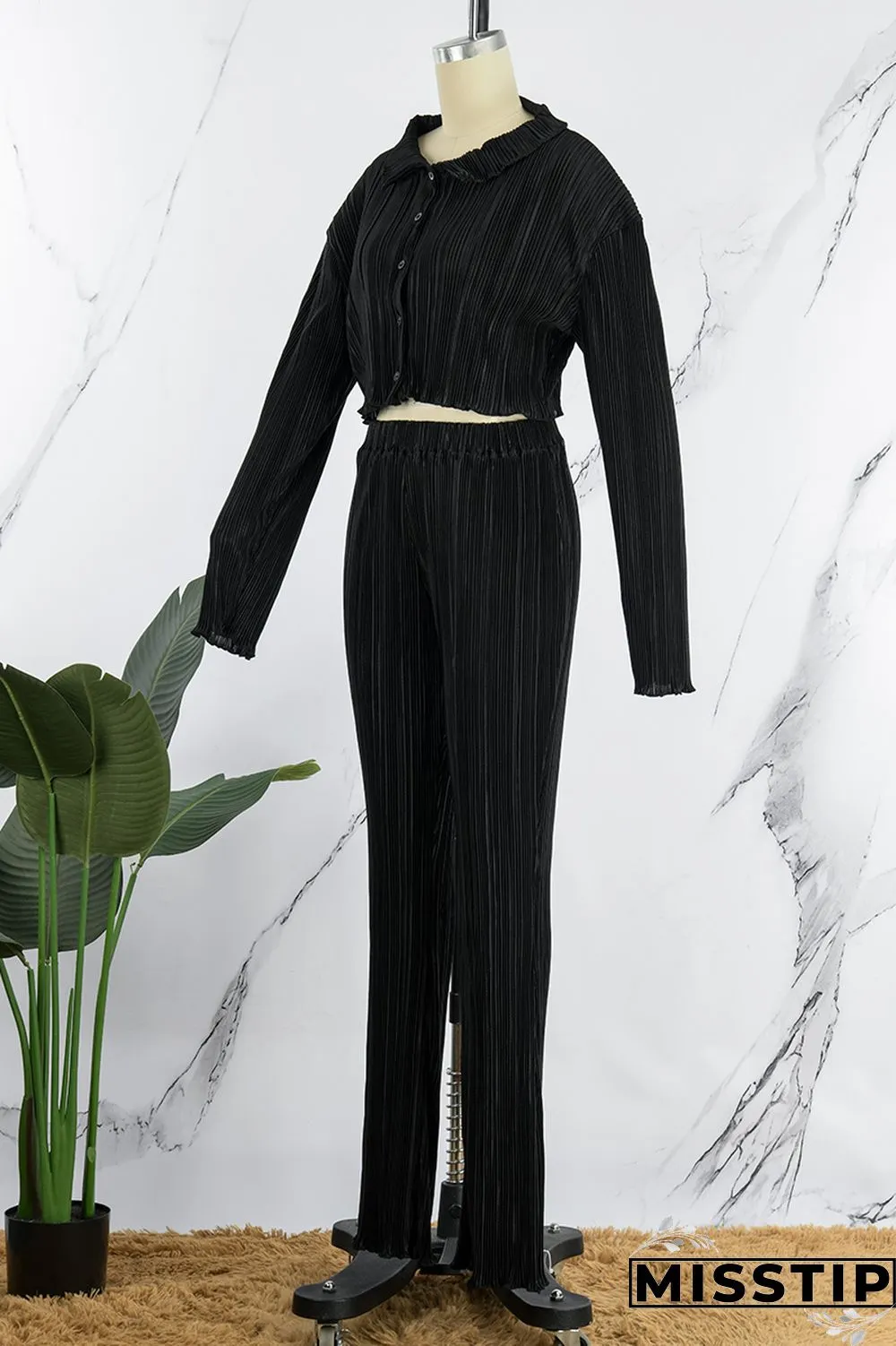 Black Casual Solid Patchwork Turndown Collar Long Sleeve Two Pieces
