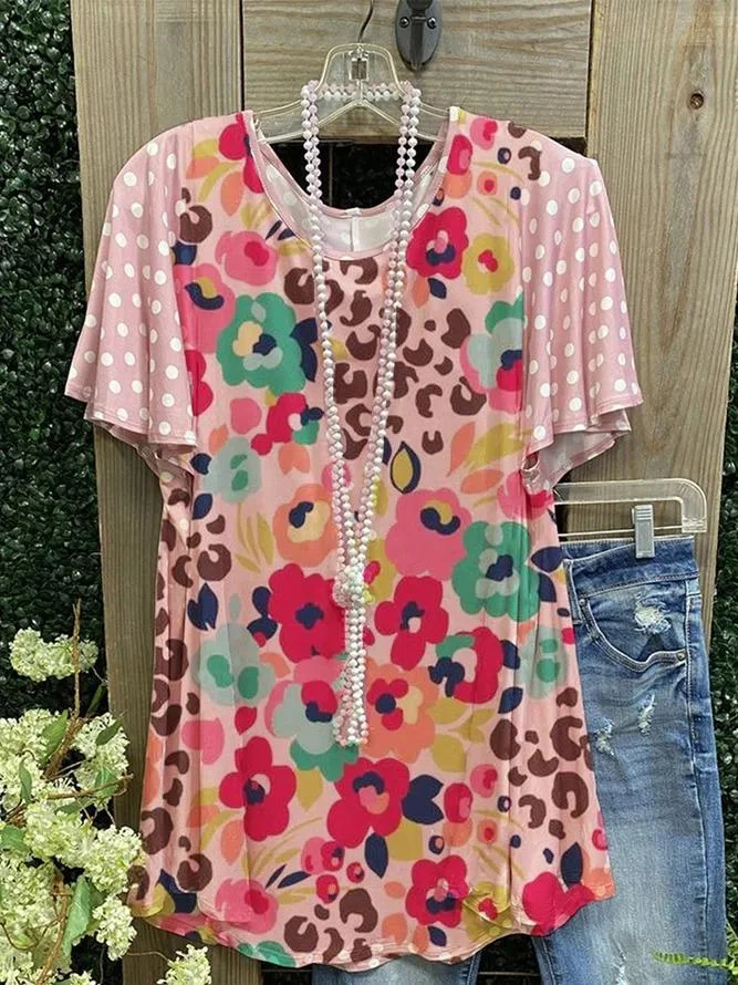 Round Neck Pullover Cotton Floral Short-Sleeved Fresh And Sweet Women'S Tops T-Shirt