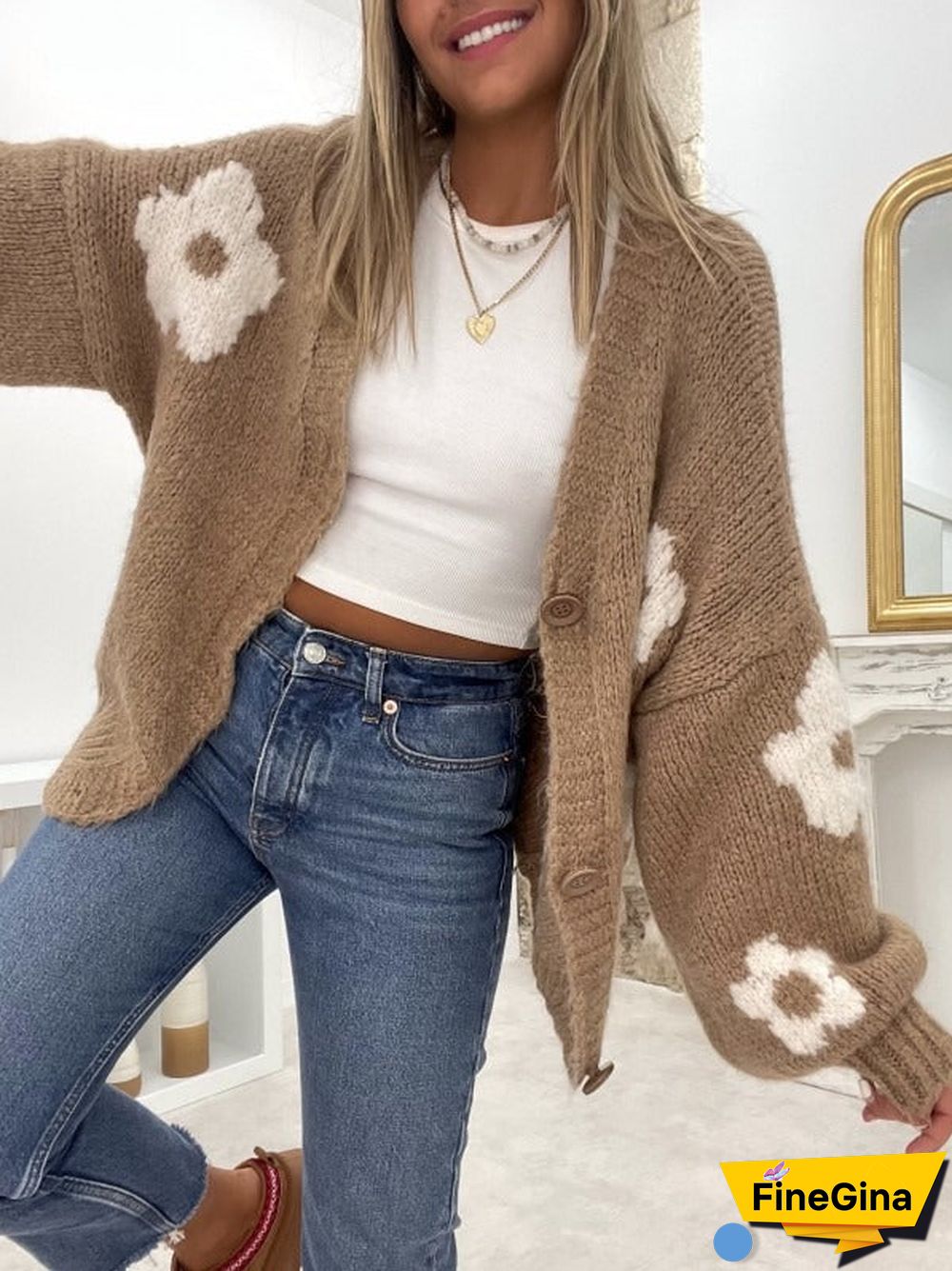 Brown Print V-Neck Sweater