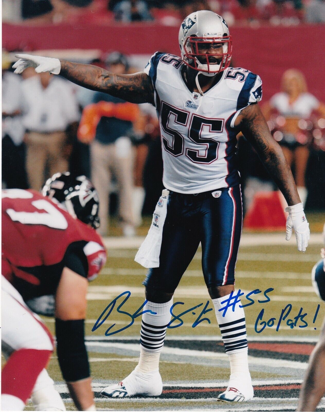 BRANDON SPIKES NEW ENGLAND PATRIOTS ACTION SIGNED 8x10