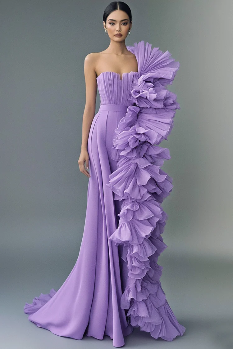 Strapless Tiered Ruffled Tunic Maxi Dress-Purple [Custom-Made]