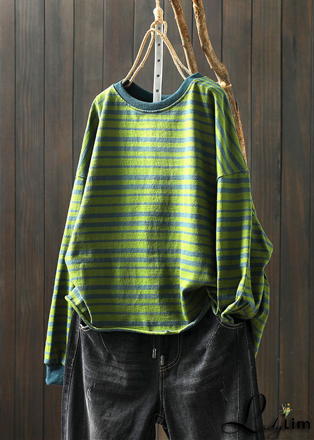 Plus Size Green O Neck Striped Patchwork Cotton T Shirt Top Fall