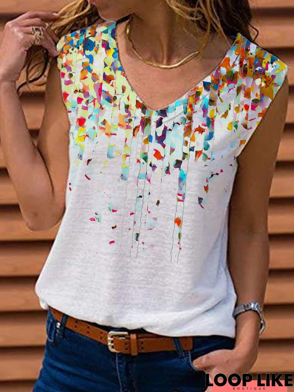 Women Cotton Casual Abstract Printed V Neck Shift Tank Top