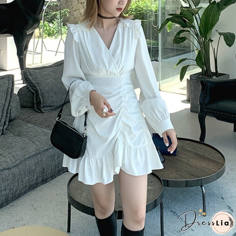 Back College Draped Mini Dress Women Casual High Street French Long Sleeve Waist Party