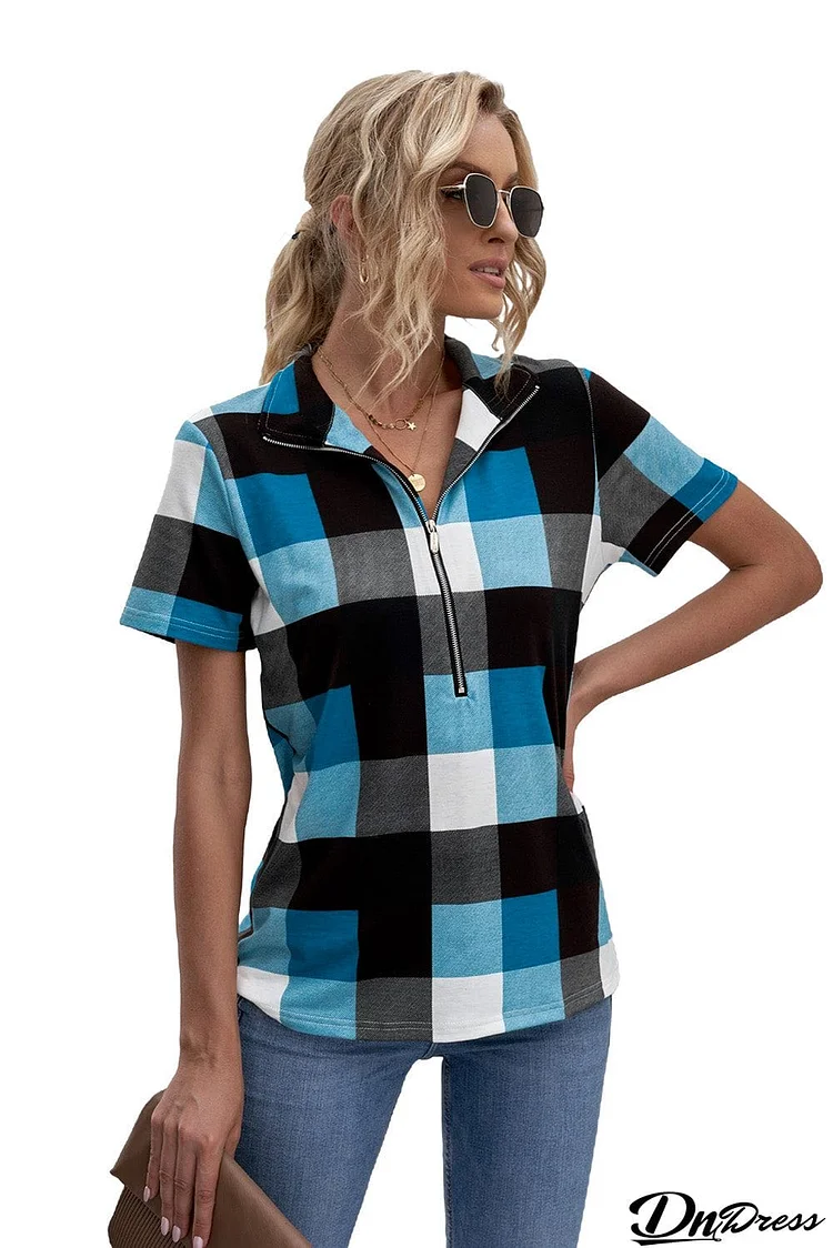 Zipped V Neck Plaid Short Sleeve Blouse