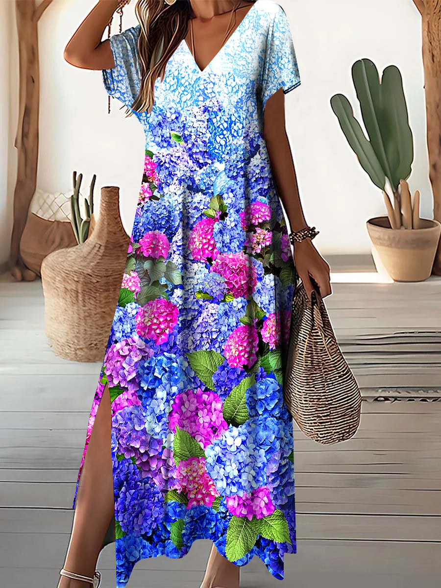 Women's V-Neck Elegant Hydrangea Pattern Short Sleeve Dress