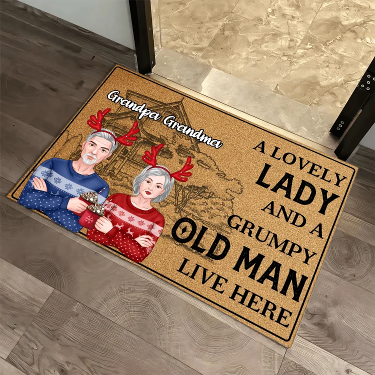 Christmas Doormat Custom 2 Names Home Decor Personalized Doormat - A Lovely Lady And A Grumpy Old Man Live Here