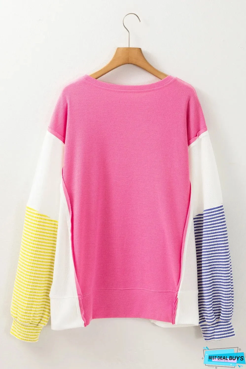 Rose Red Colorblock Patchwork Striped Puff Sleeve Plus Size Top with Slits