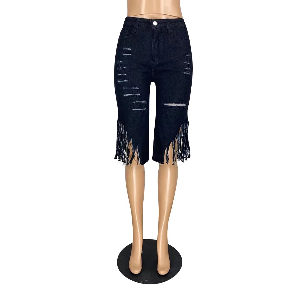 Women's 2021-tassel Ripped Stretch Cropped Jeans Mid Waist