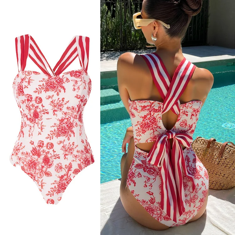 Cross Straps Printed One Piece Swimsuit and Skirt