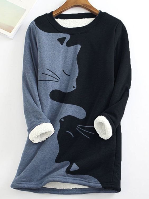 Color Blocked Cat Printed Warm Thick Sweatshirt