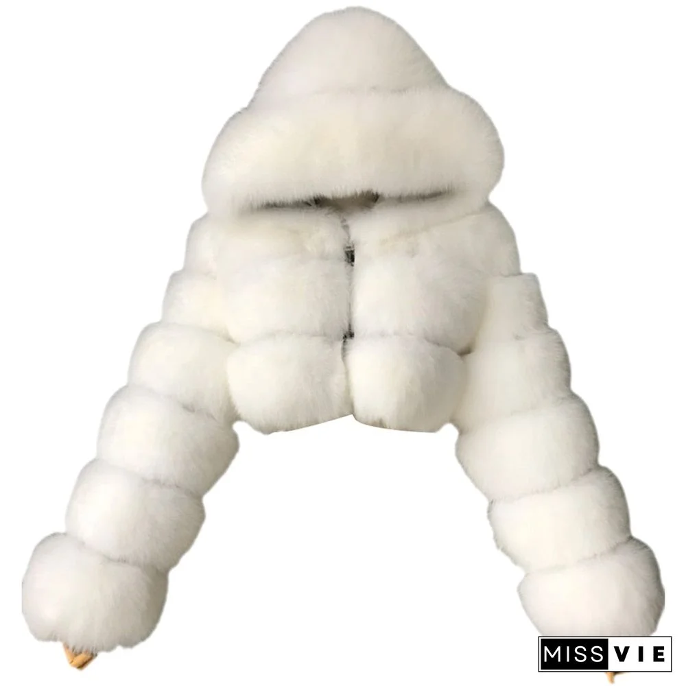Plus Size Women Jacket Fashion Autumn Winter Faux Fur Cropped Coat Fluffy Zip Hooded Warm Short Jacket