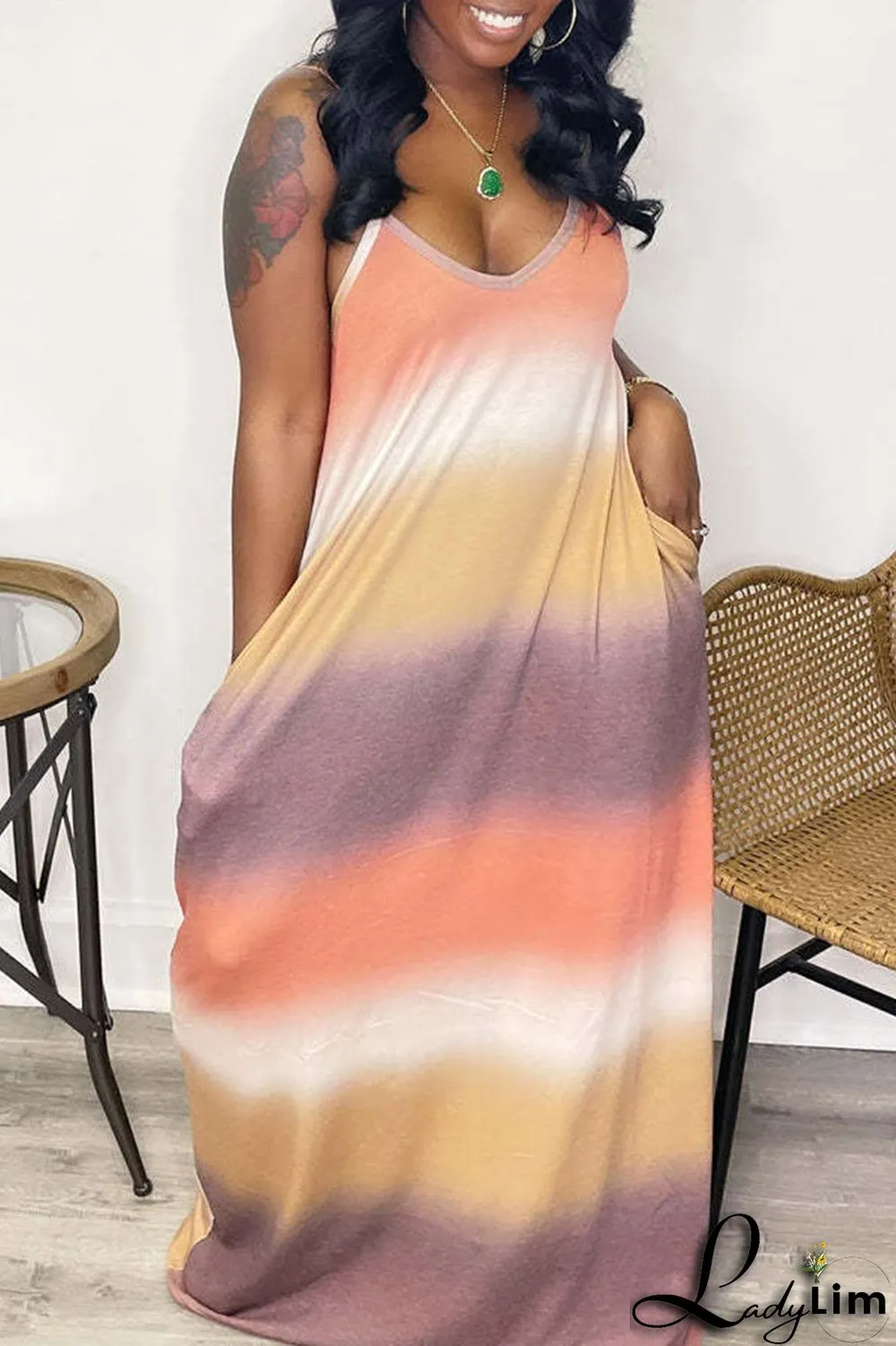 Red-Brown Casual Gradual Change Stripe Print Split Joint Spaghetti Strap Sling Dress