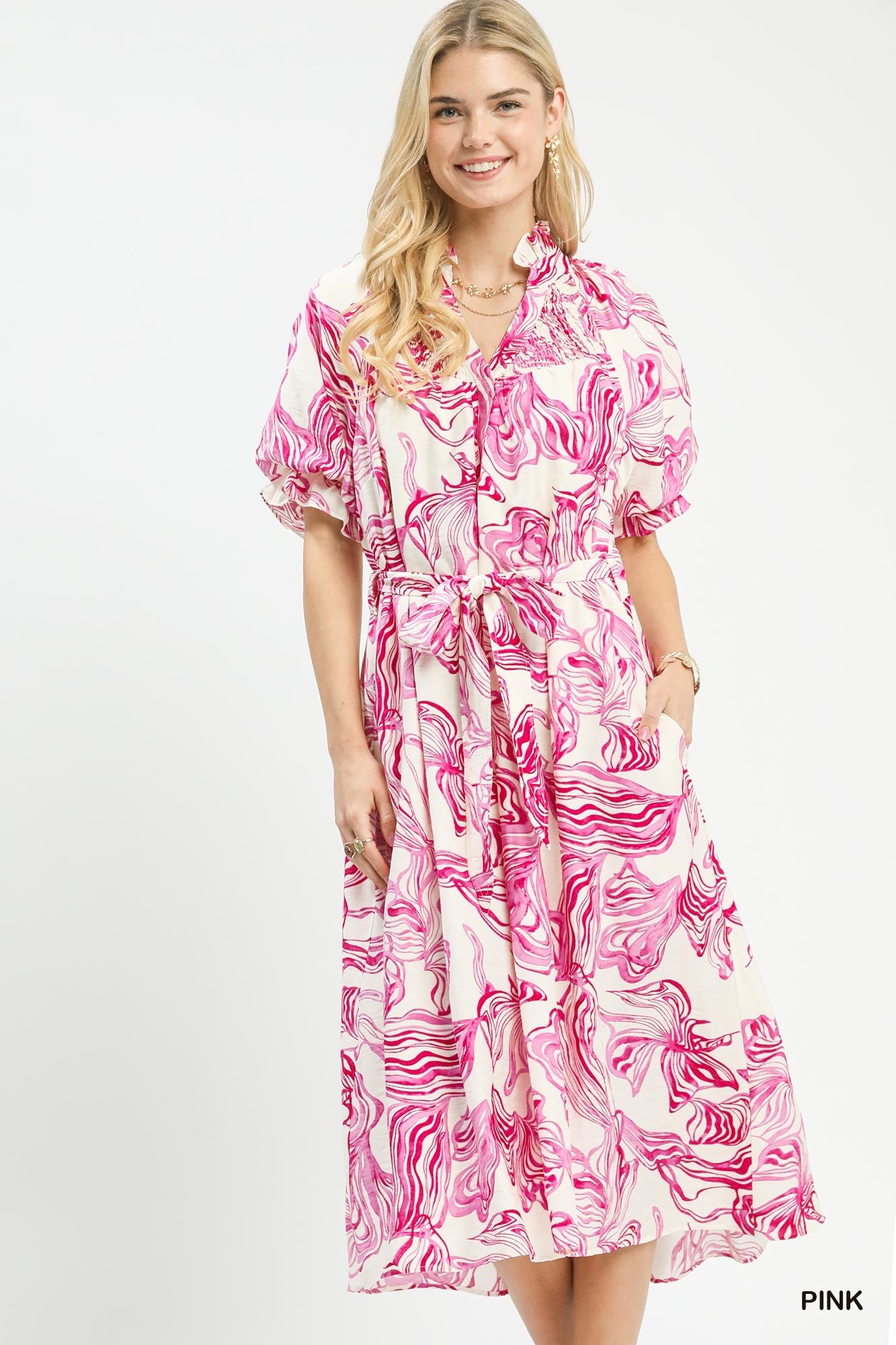 Umgee Abstract Print Smocked Tie Waist Midi Dress mysite idetrend