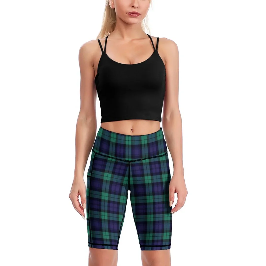 Black Watch Tartan Knee-Length Yoga Shorts Women Biker Shorts for Women High Waist Womens Spandex Yoga Shorts for Ladies