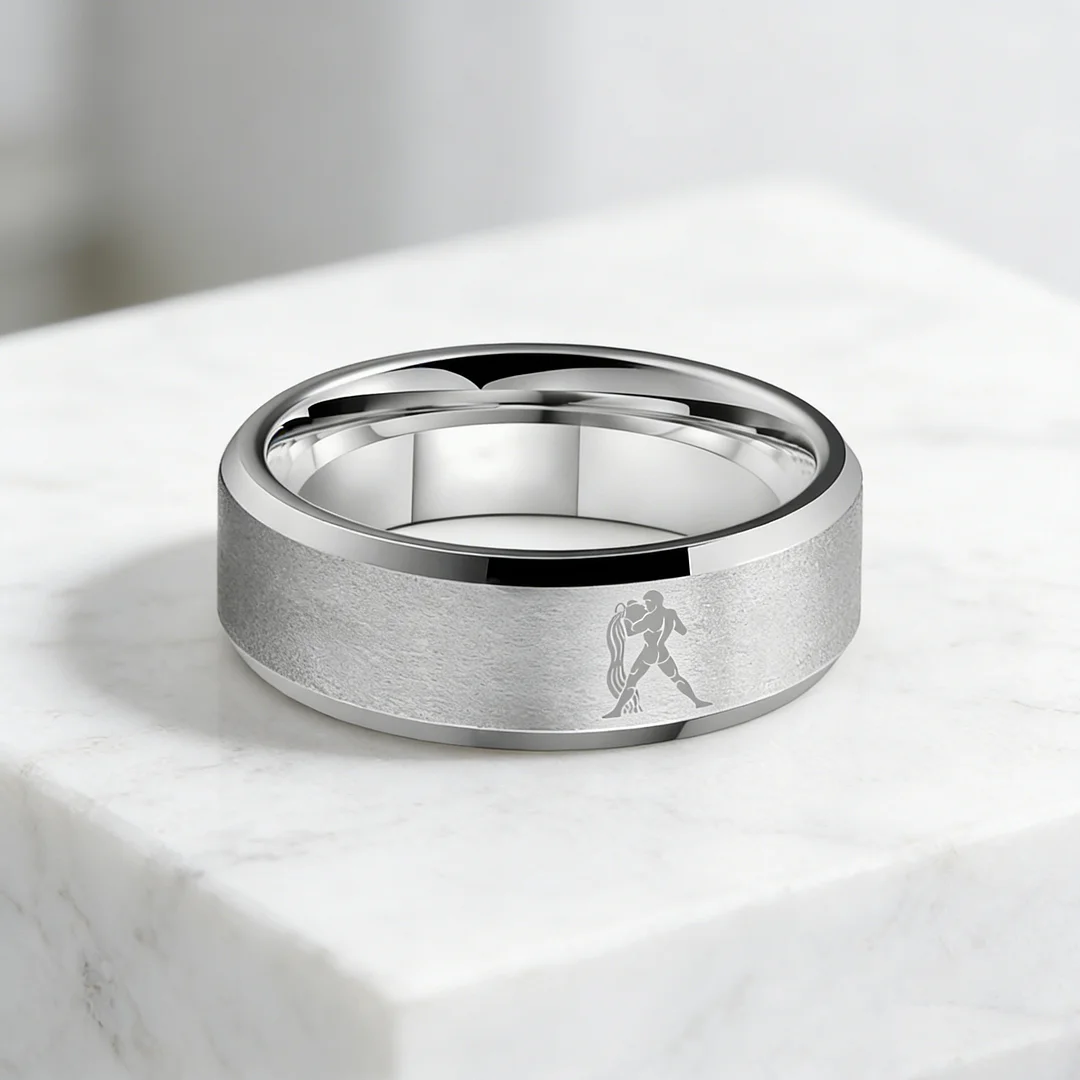 Sliver Aquarius Couple Wedding Band Beveled Edges Sliver Laser Etched Tungsten Carbide Rings 4MM 6MM 8MM Width