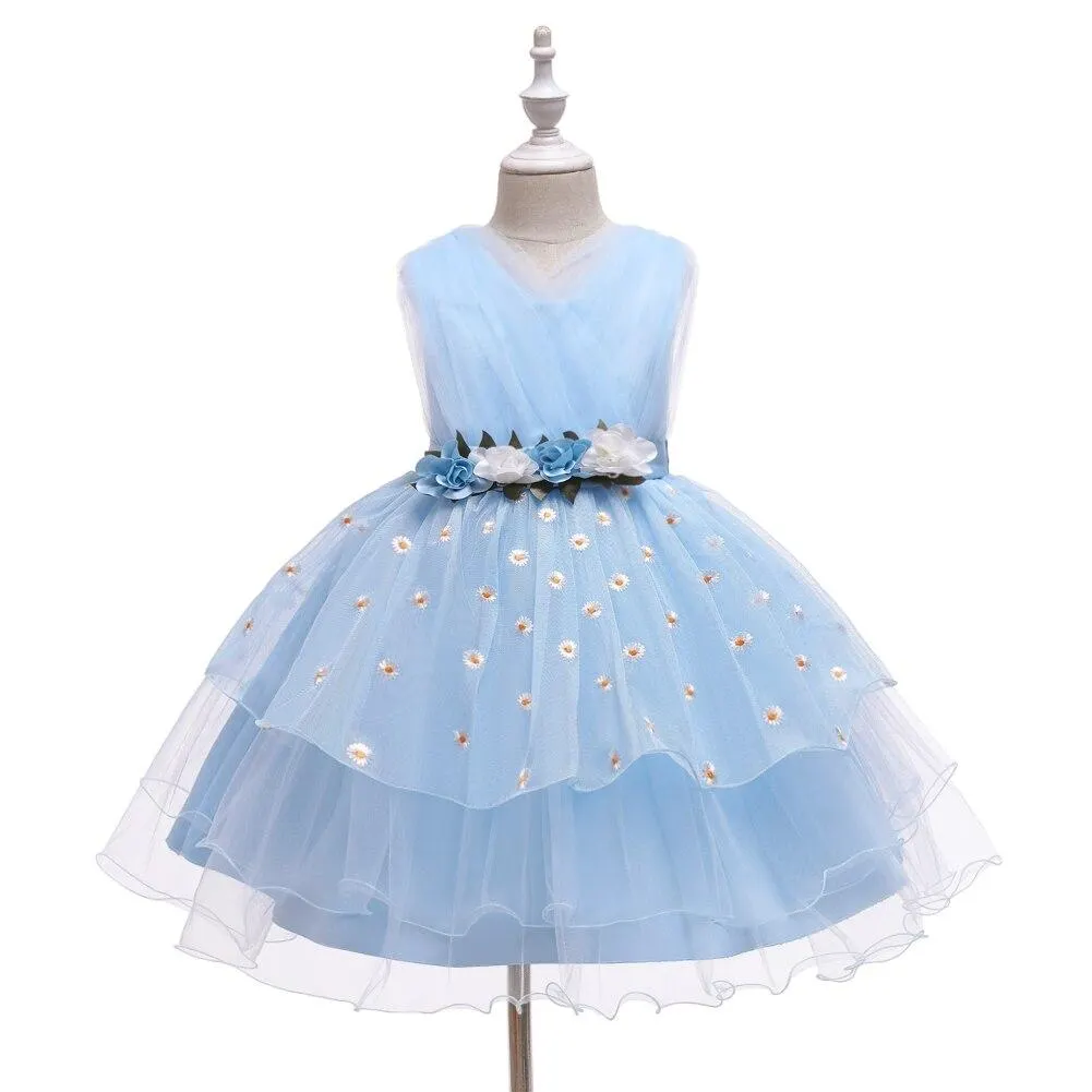 Child Yellow Layered Lovely Girls Birthday Dresses For Kids Fluffy V-neck Flower Little Girl Dress Knee-Length 2-8 Years Old