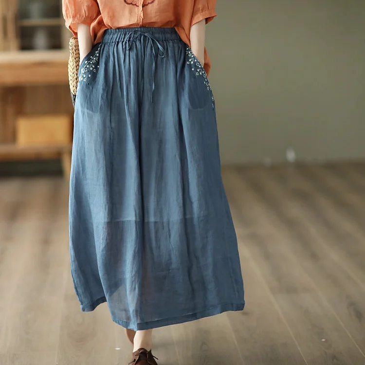 Cozy Vintage Floral Embroidery Thin Linen Skirt