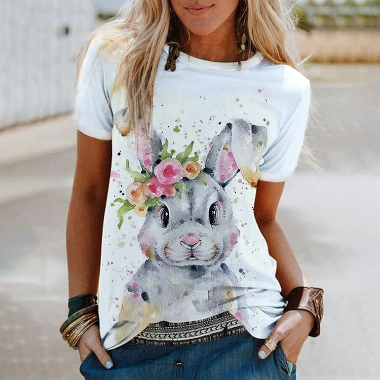 Wearshes Women'S Cute Watercolor Bunny Print Casual Tee