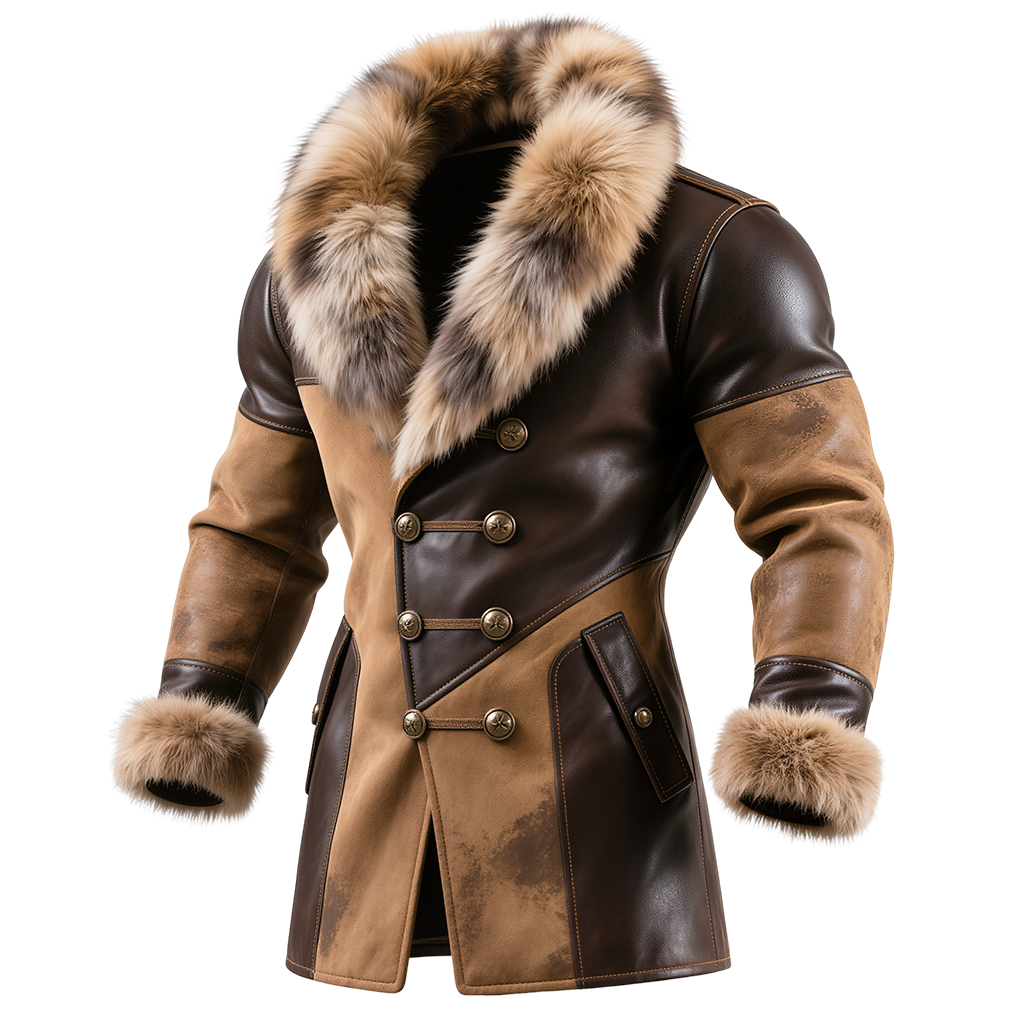 Brown Leather Coat with Fur Collar and Cuffs