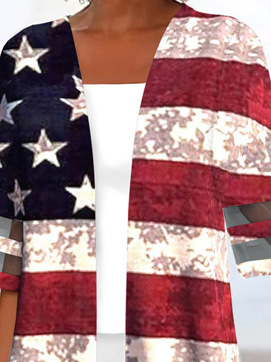 Women Half Sleeve Scoop Neck Striped Colorblock National Flag Two-Pieced Tops