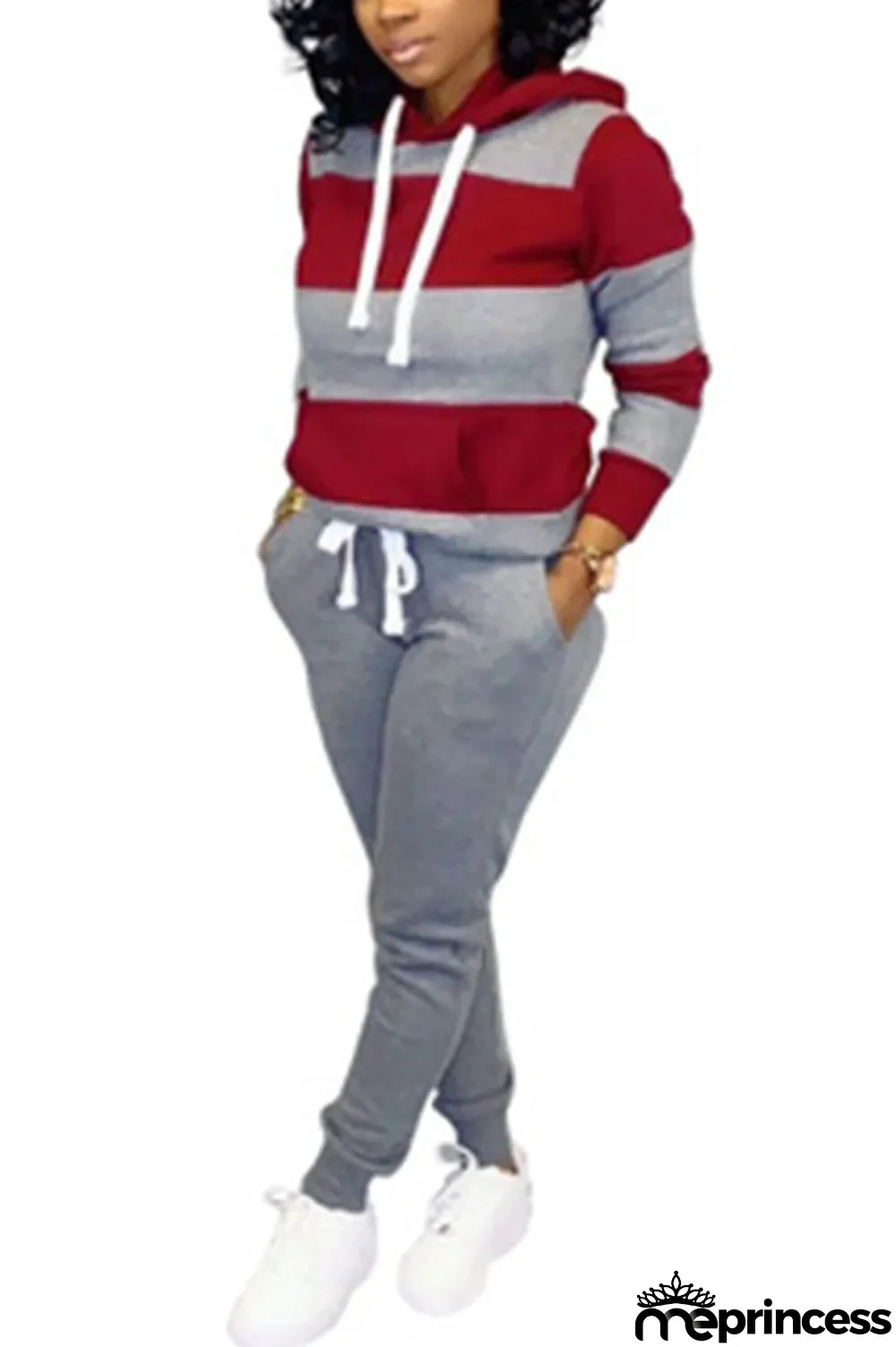 Red Polyester OL Striped Patchwork Print pencil Long Sleeve Two Pieces