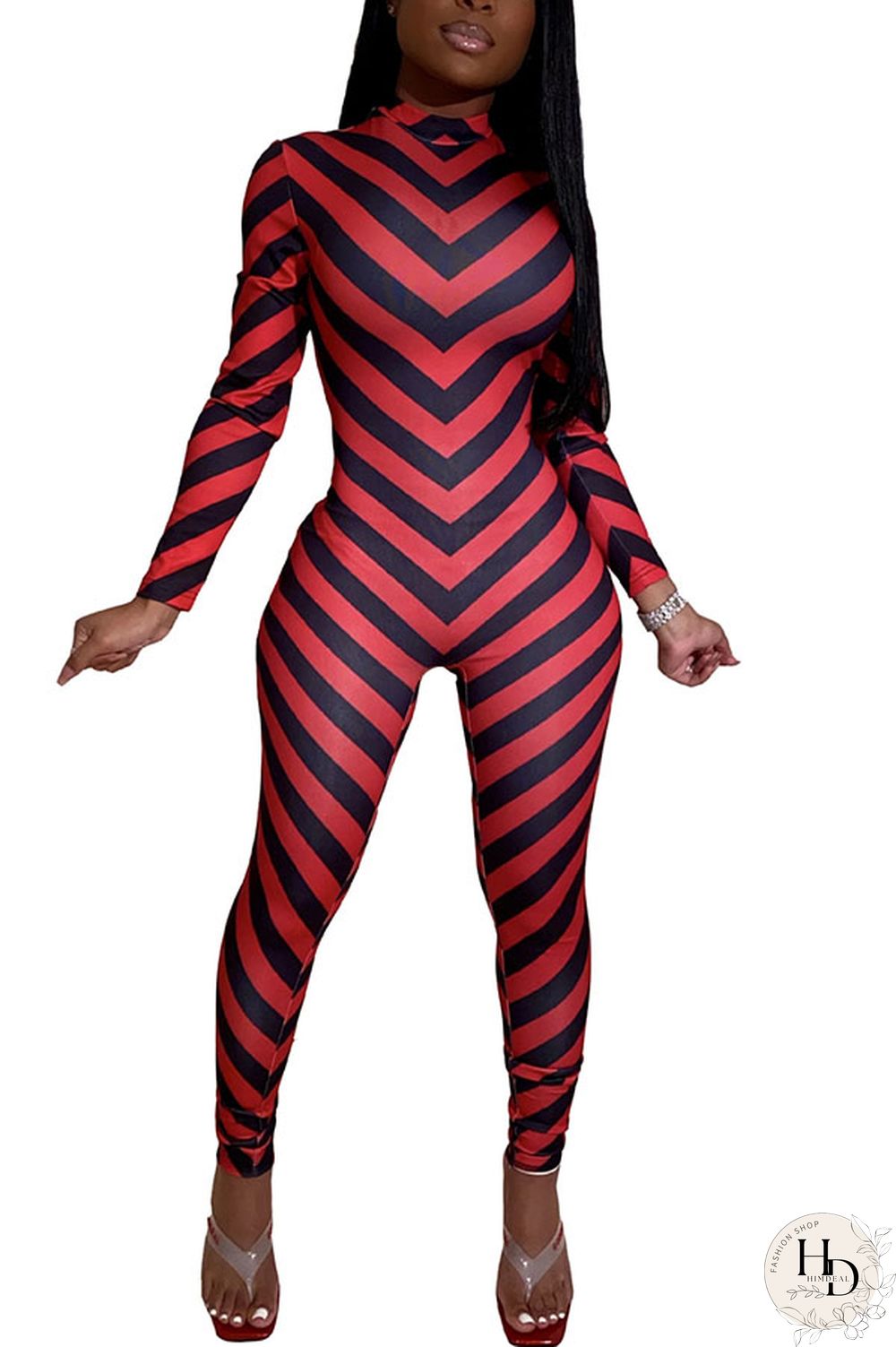 Green Fashion street Striped Milk. Long Sleeve O Neck Jumpsuits