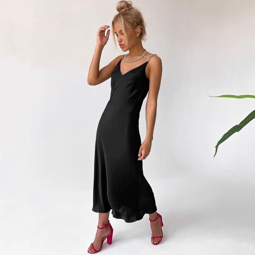 Julissa Mo Satin V-Neck Party Dress For Women 2021 Sleeveless Spaghetti Strap Long Dresses Summer Sexy Elegant Clubwear Vestidos