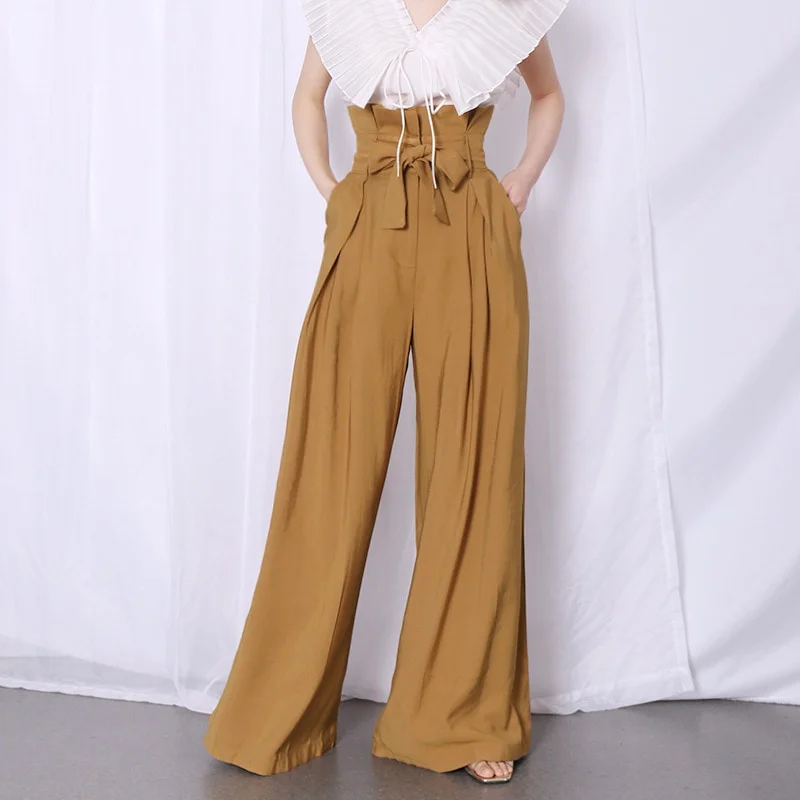 Pongl Casual Loose Women Full Length Pants High Waist Tunic Patchwork Ruffle Pleated Wide Leg Pant Female Clothes Fashion
