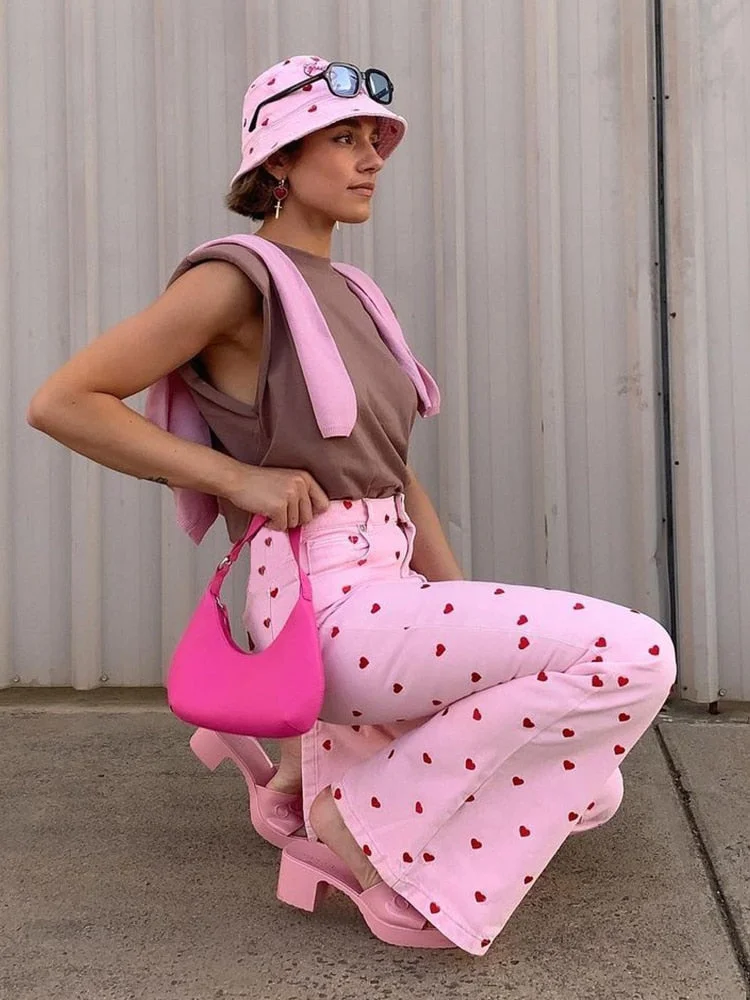 Rapcopter Y2K Pink Pants Heart Printed Sweet Trousers Vintage Aesthetic Party Pants Pockets Joggers Festival Outfits Women New