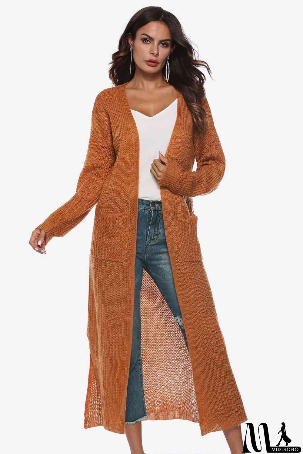 MidiSono - Long Sleeve Open Front Buttoned Cardigan